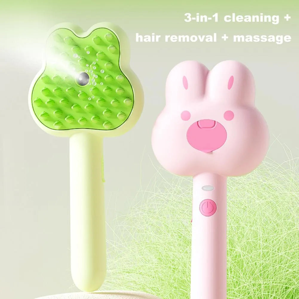 Rechargeable cat steam brush grooming tool with cartoon design in three colour options