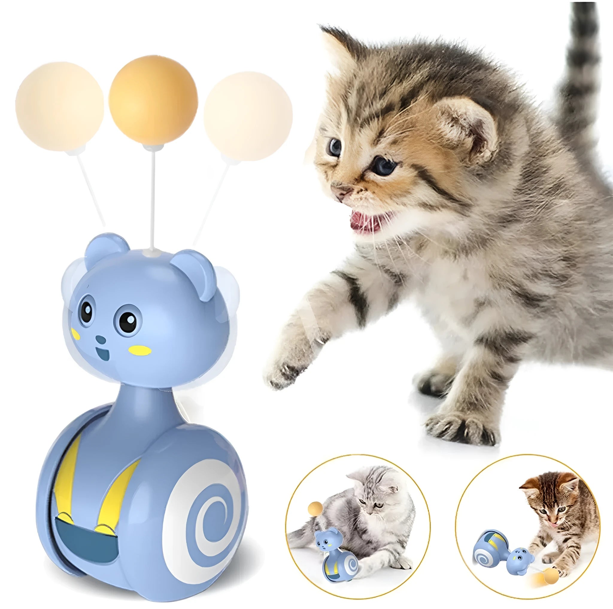 Cat interactive tumbler toy with feather wand attachment and rotating ball element in pink colour