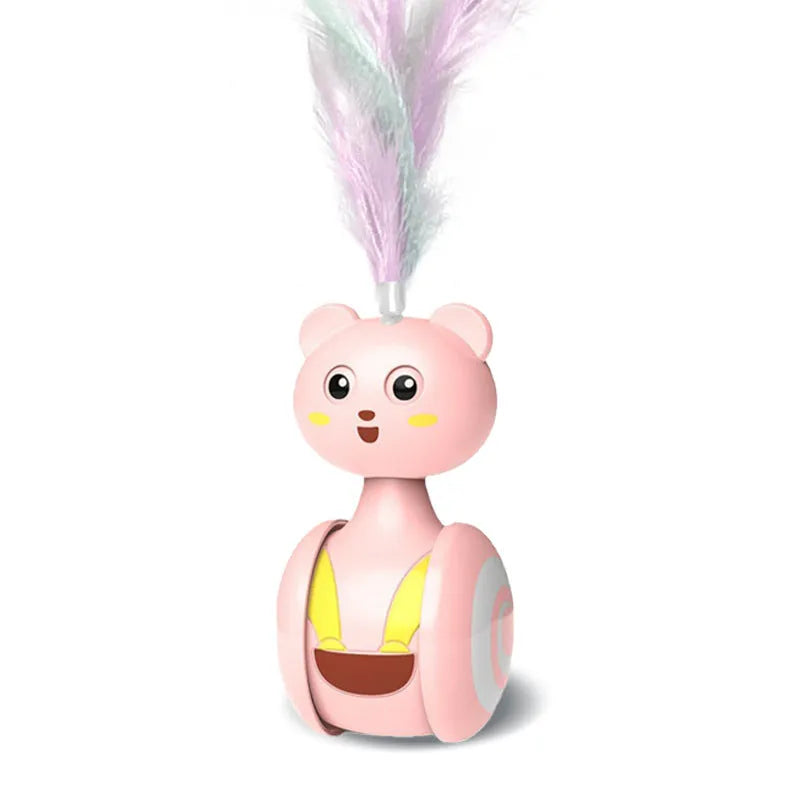 Cat interactive tumbler toy with feather wand attachment and rotating ball element in pink colour