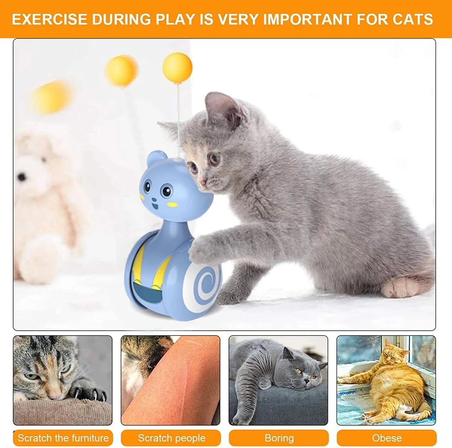 Cat interactive tumbler toy with feather wand attachment and rotating ball element in pink colour