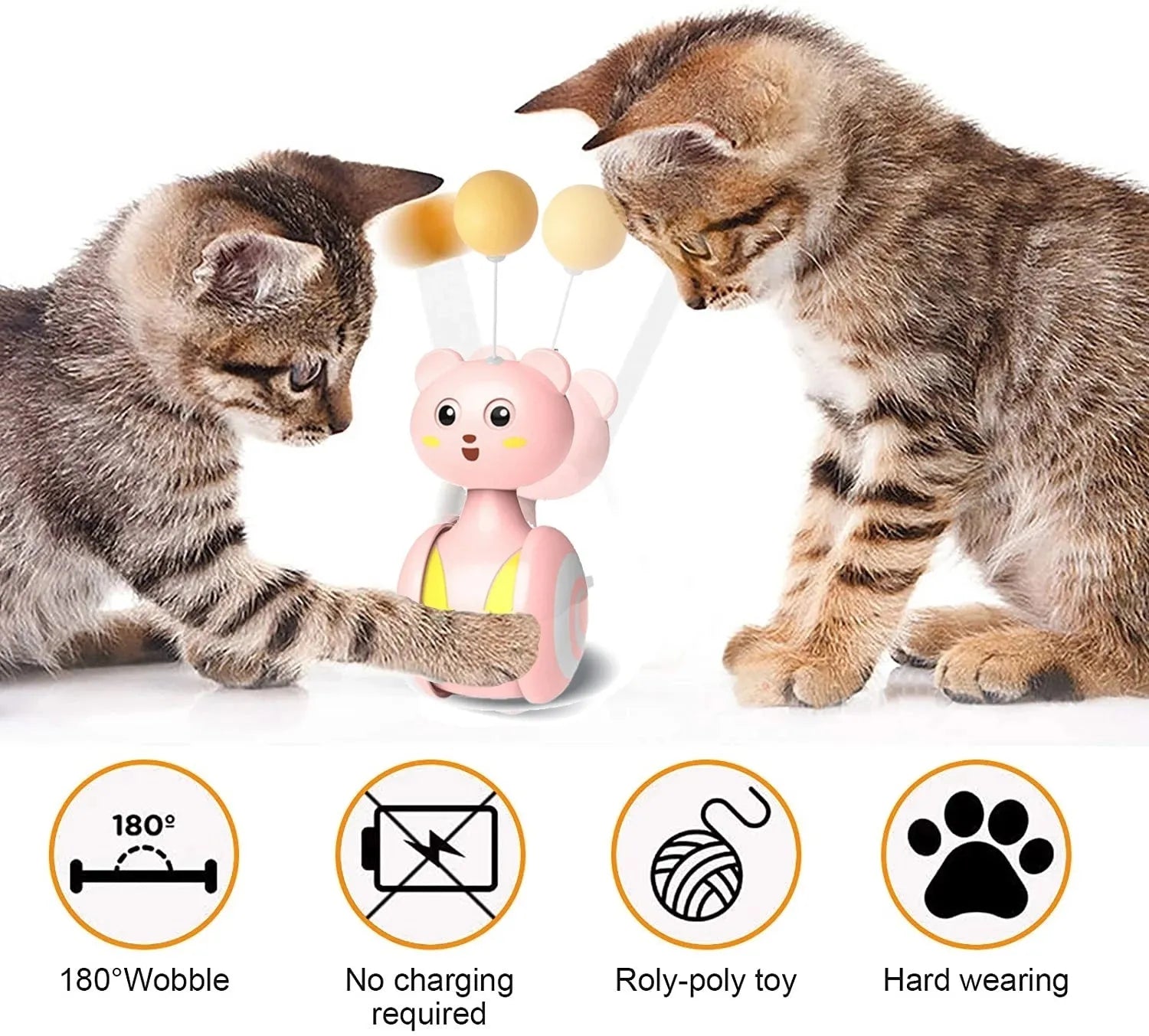 Cat interactive tumbler toy with feather wand attachment and rotating ball element in pink colour