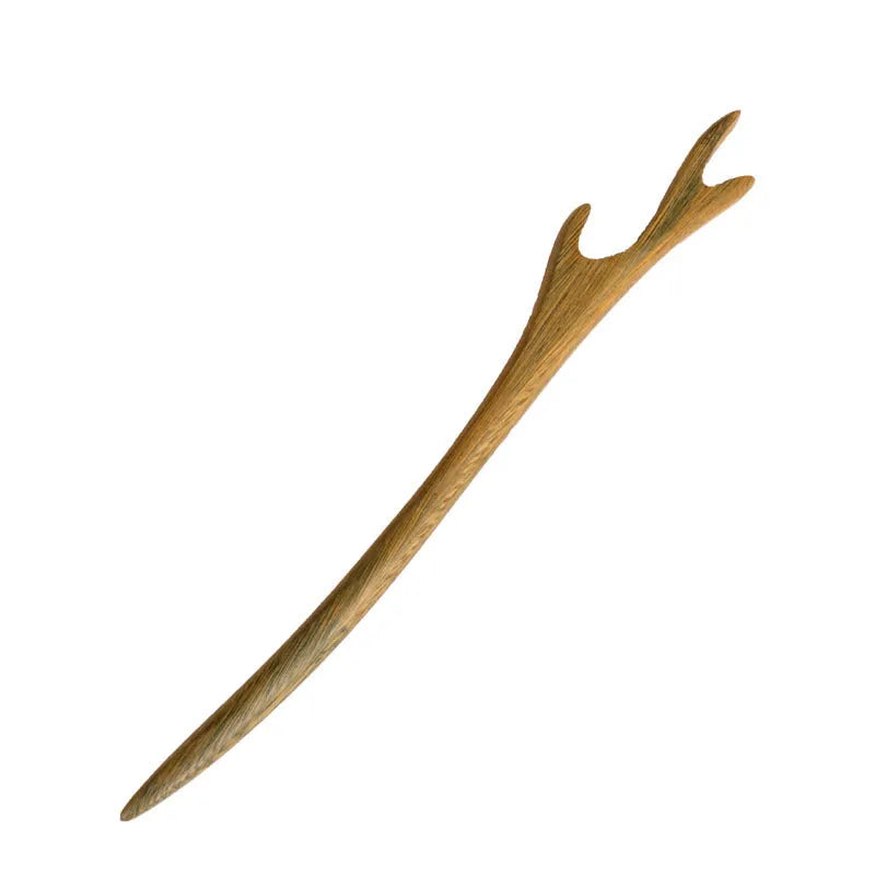 Green sandalwood hairpin antique hair clasp 18cm wooden ethnic style with double pointed toe design