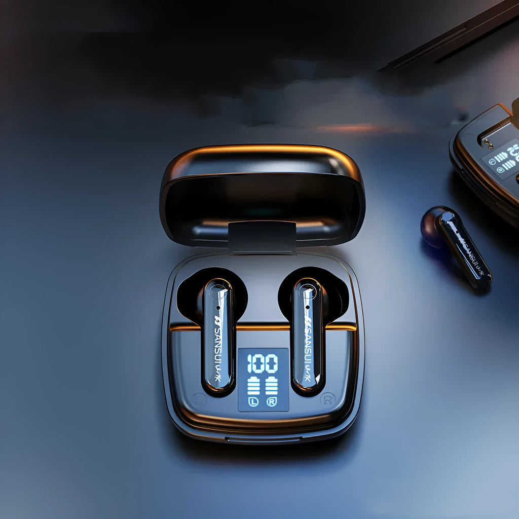 Wireless black semi-in-ear Bluetooth earphones showing digital battery display on earpiece