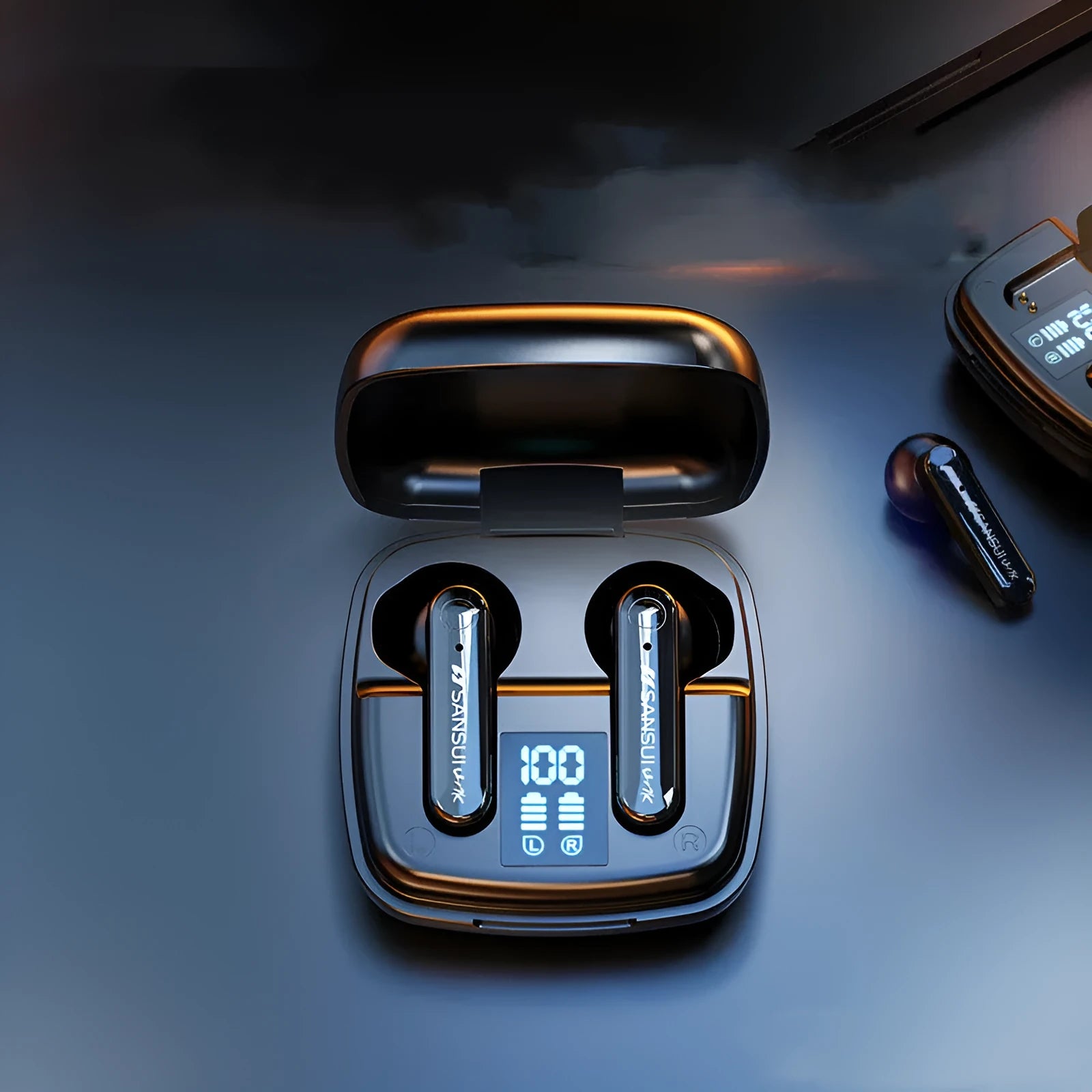 Wireless black semi-in-ear Bluetooth earphones showing digital battery display on earpiece