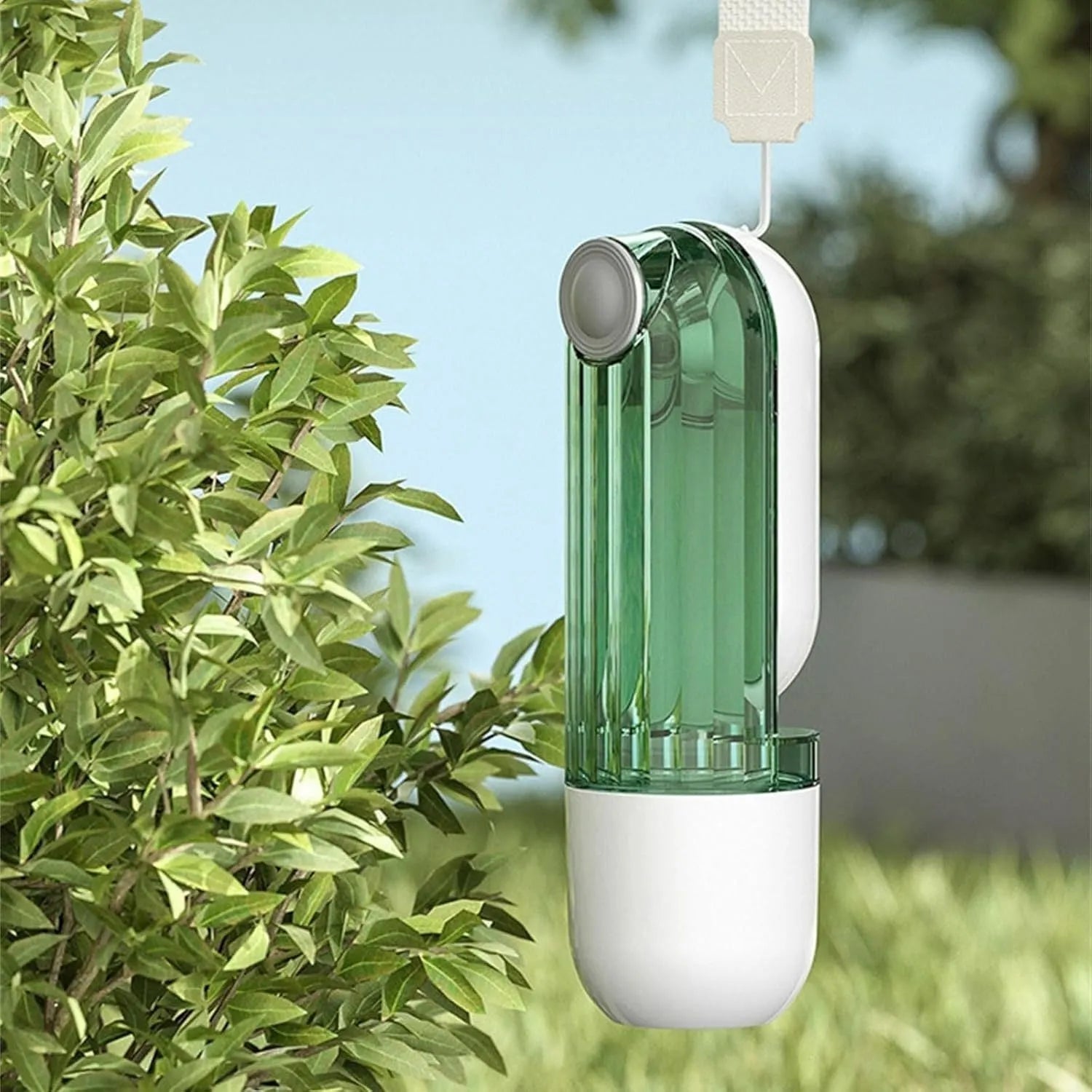 Foldable dog water bottle food dispenser with large drinking opening and integrated snack container
