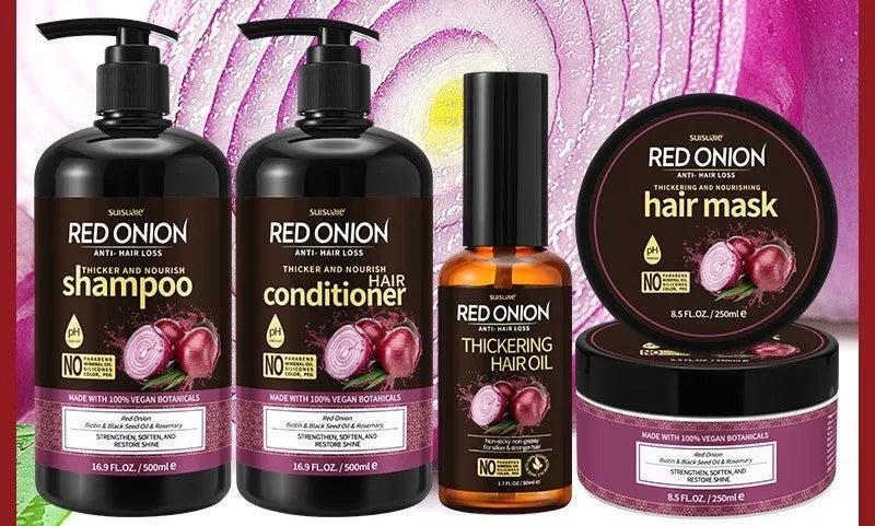 Red onion shampoo and conditioner 4-piece set with shampoo, conditioner, hair mask and essential oil bottles