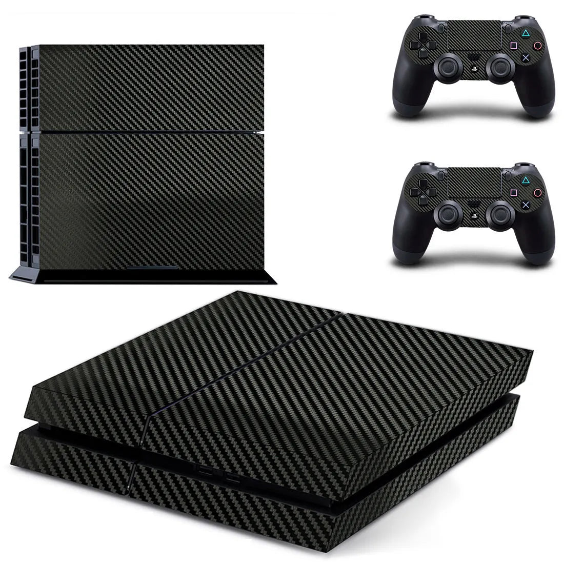 PS4 console with applied carbon fibre pattern vinyl skin in black, showing full coverage.