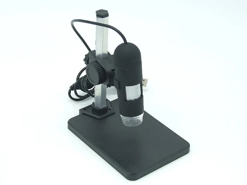 Black USB microscope camera with 1000X magnification, 8 LED lights, and adjustable focus