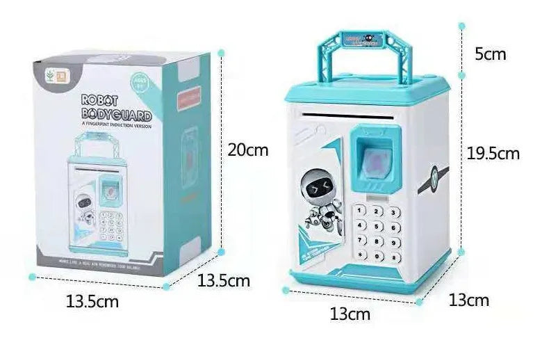 Electronic piggy bank in blue with fingerprint sensor and number keypad, 13 cm wide