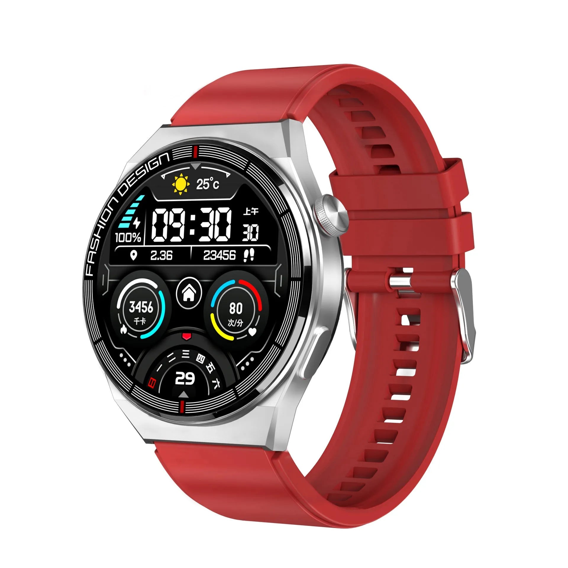 Black Bluetooth smartwatch with 1.28 inch screen on a silicone strap, showing heart rate display