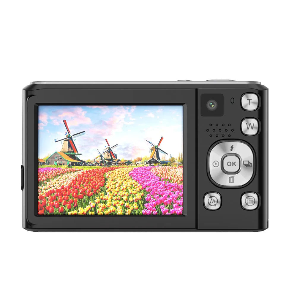 Entry-level 4K HD digital camera in black with front and rear dual lenses, compact ABS body on white background