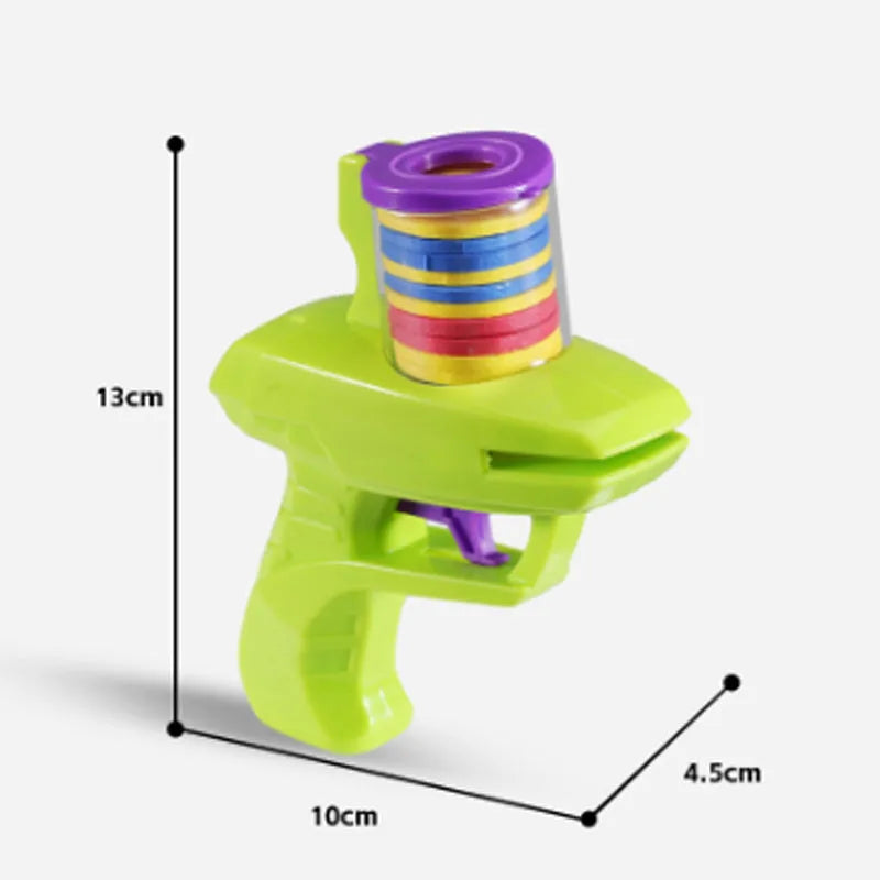 Interactive cat toy launcher with foam disc, available in green and purple colours