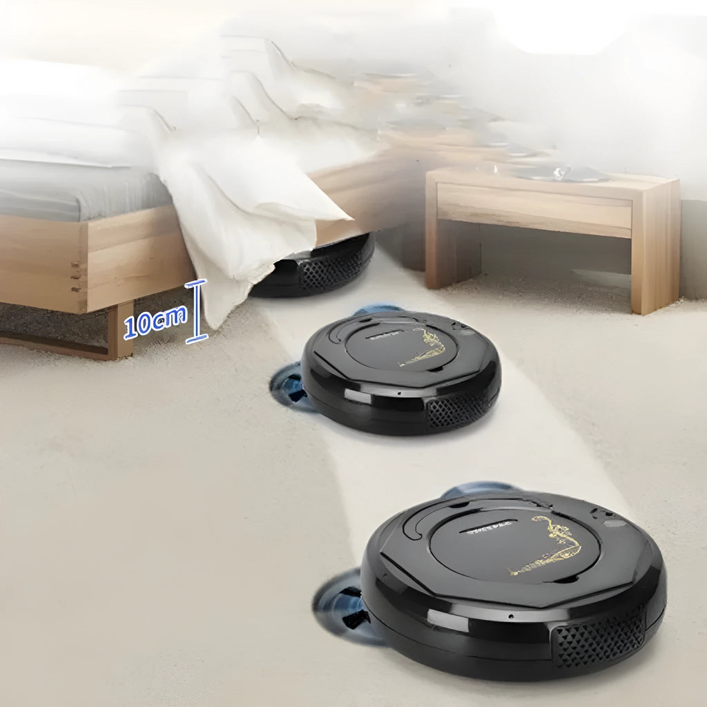 Blue robotic floor vacuum cleaner with dust box on hard wooden flooring