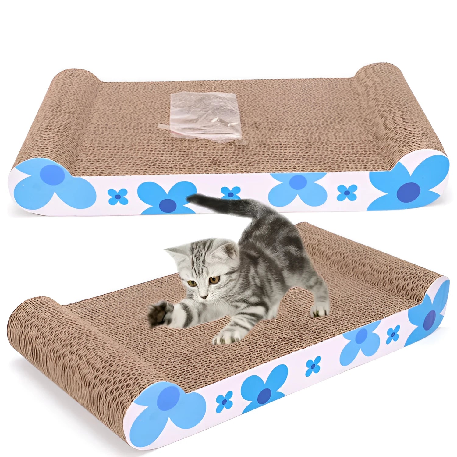 Blue cat scratcher board made from high density corrugated paper, size 44x24x6.5cm