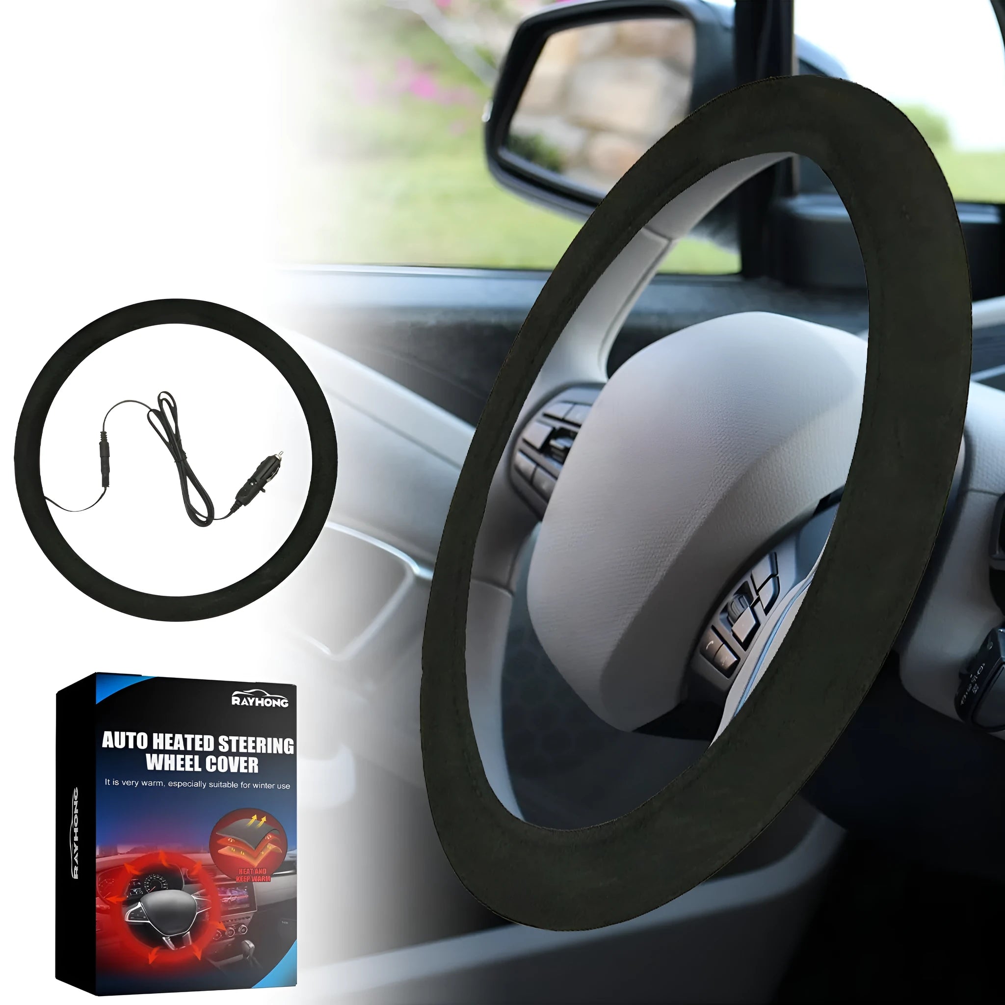 Black suede automobile steering wheel heating sleeve with 38cm diameter and 12V cable