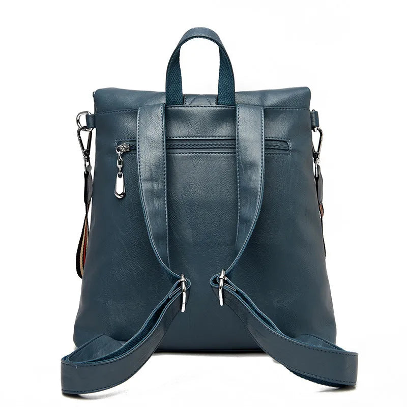 Anti-theft password backpack for women in blue with PU outer, nylon lining, soft build and outer slit pocket