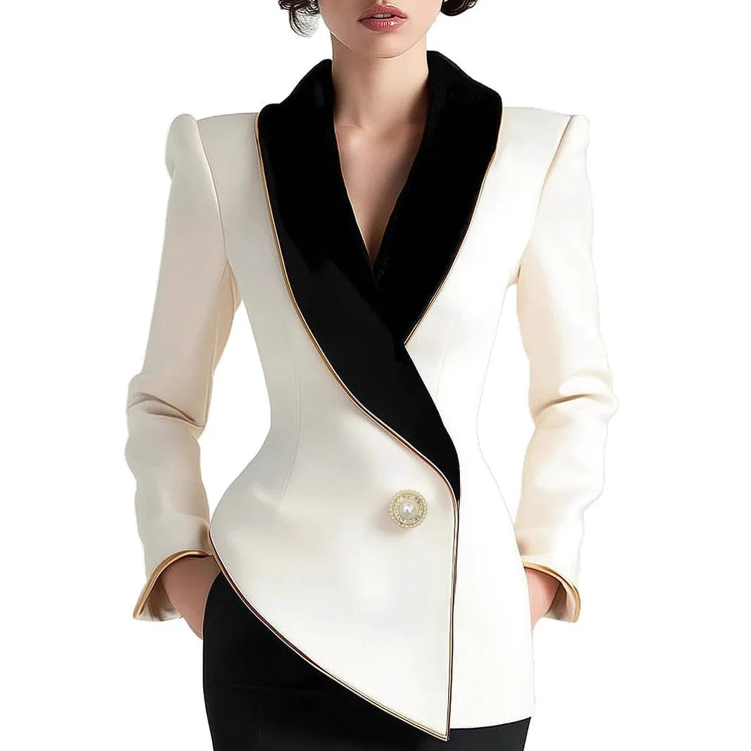 Women's milky white irregular cut long sleeve coat with golden pearl buttons on a hanger.