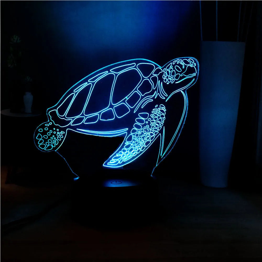 3D acrylic turtle LED night light showing colour-changing illumination