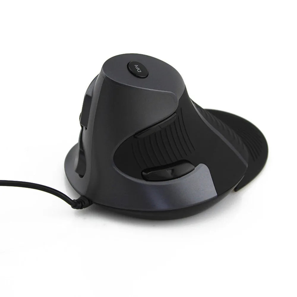 Ergonomic vertical computer mouse in black with wired USB cable showing handshake grip position