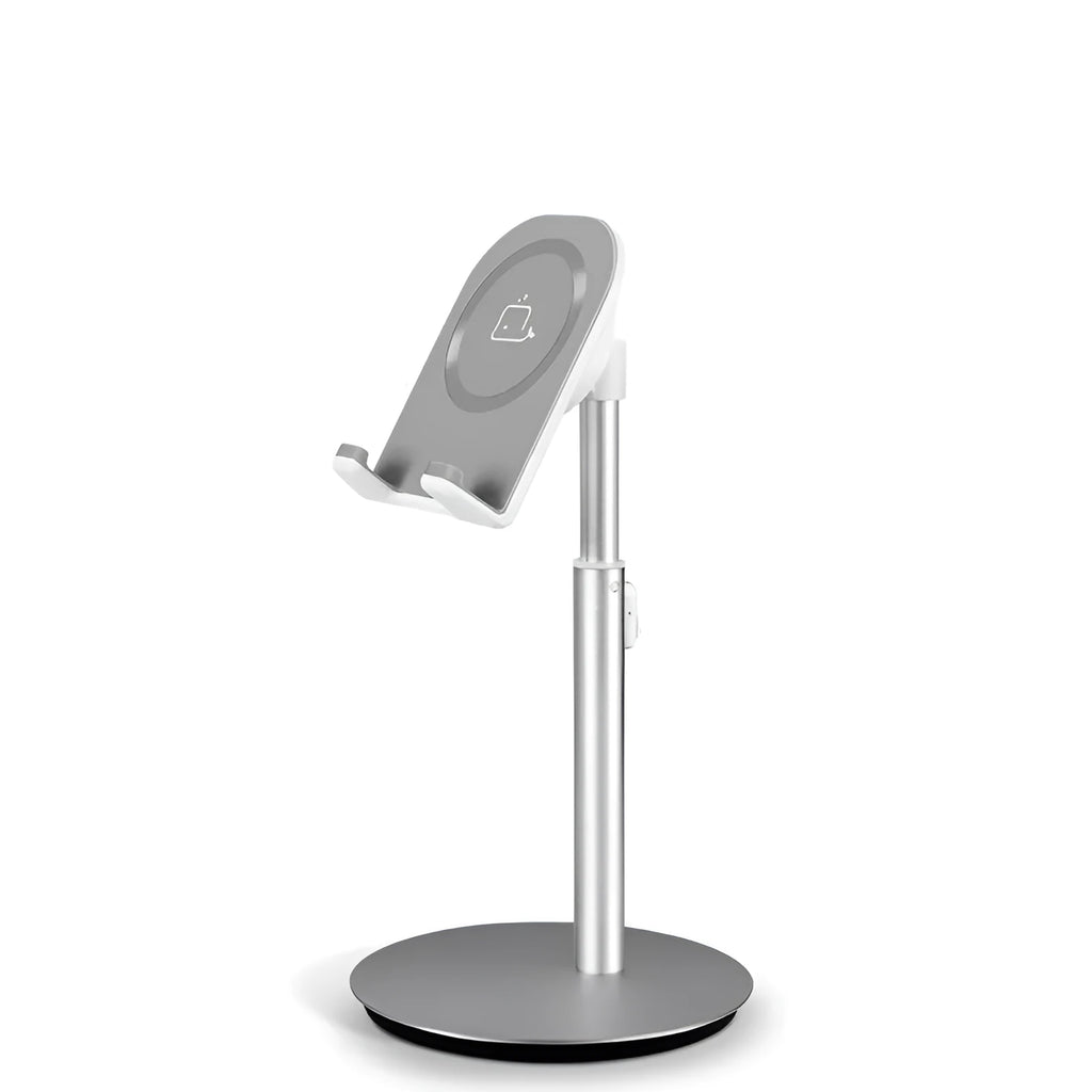 Silver metal S1 universal desktop stand holding a tablet and a mobile phone.