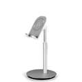 Silver metal S1 universal desktop stand holding a tablet and a mobile phone.