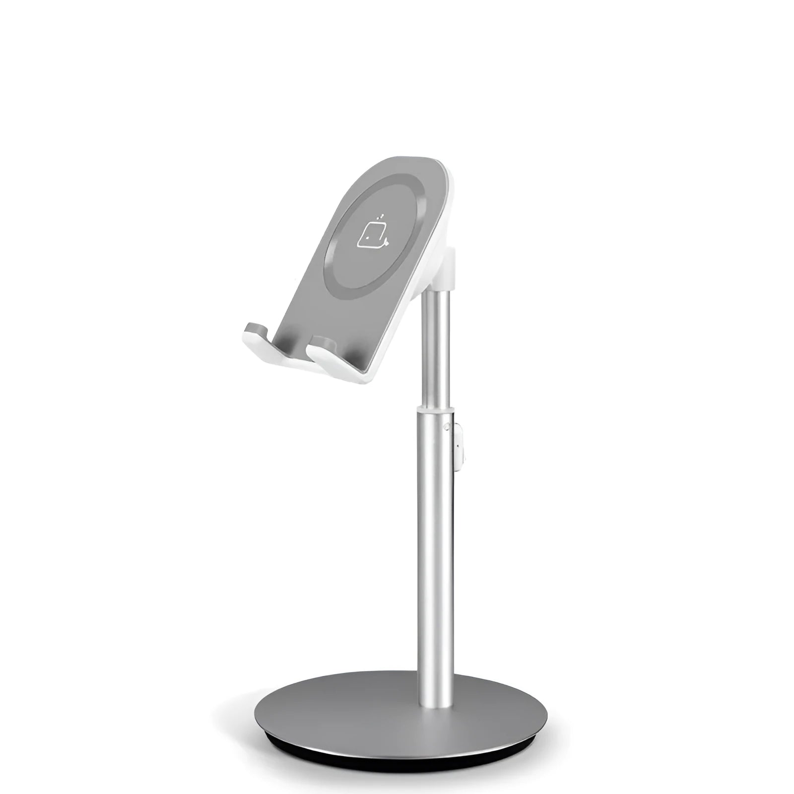 Silver metal S1 universal desktop stand holding a tablet and a mobile phone.