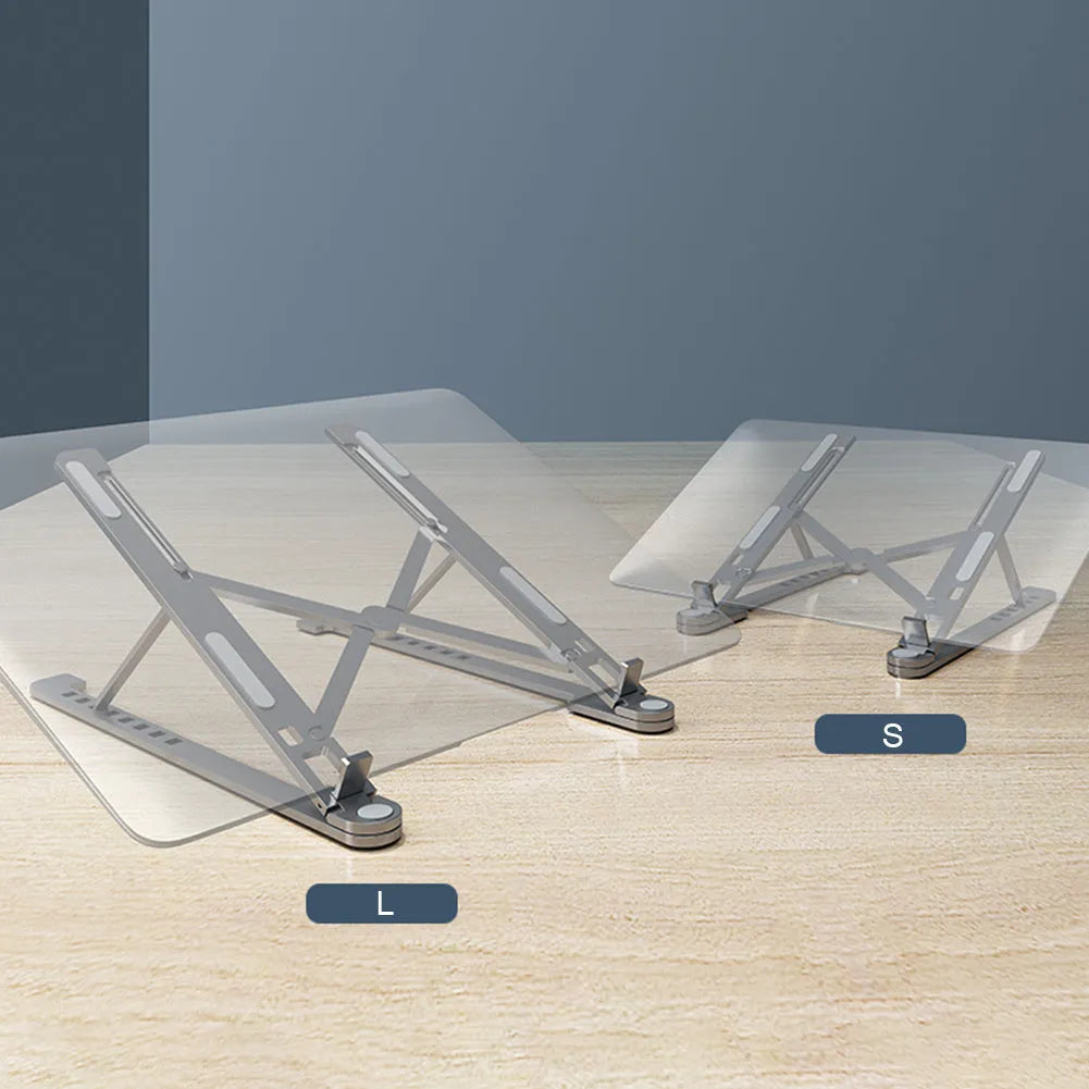 Deep grey foldable aluminium laptop stand holding a silver laptop at an angle.