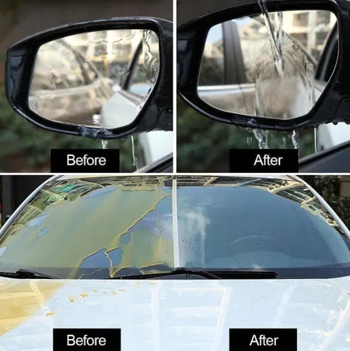 Car glass oil film remover paste in tub with applicator cloth, for removing bird droppings and tree sap from windshield