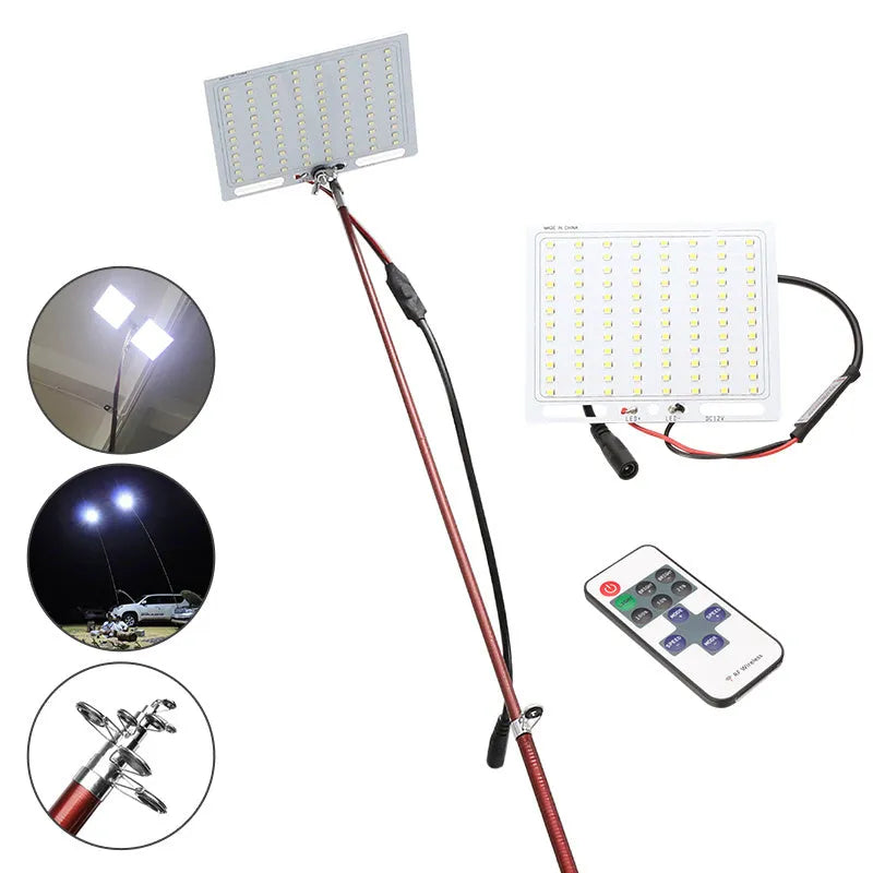 White LED fishing rod light with telescopic pole extended, showing remote control and connection cables