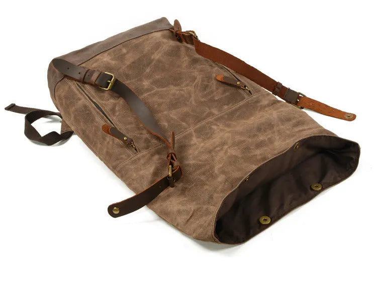 Waterproof canvas rucksack with linen lining, 20-35L capacity, softback design, shown in black, coffee, or celadon colour options.