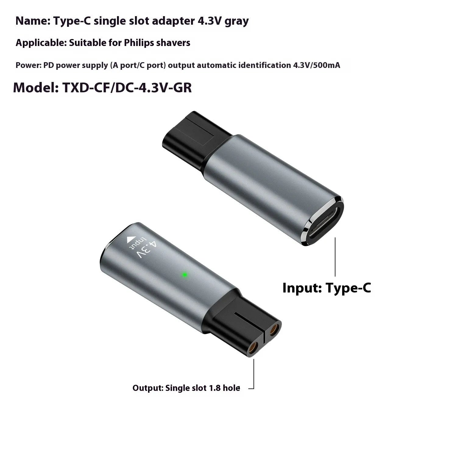 Black USB C charging adapter for electric shavers with 4.3V 8W output.