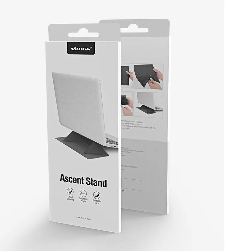 Blue foldable laptop cooling bracket with anti-slip surface shown open next to a closed laptop