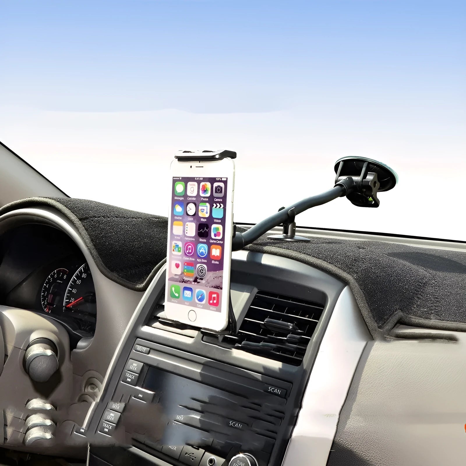 Black vehicle tablet holder with long suction cup rod for 4-12 inch tablets on car windscreen