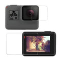 GoPro Hero 5 6 7 tempered glass screen and lens protector films set on a white background.