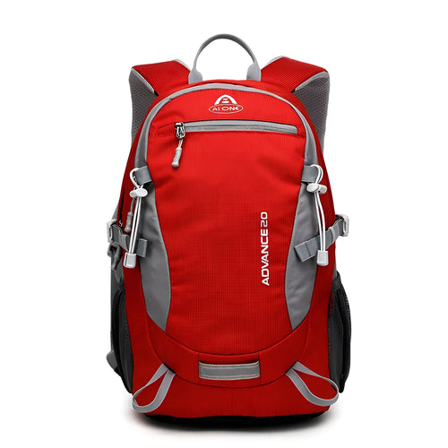 20-litre backpack shown in available colours: black, blue, green, orange, red, rose red, turquoise.