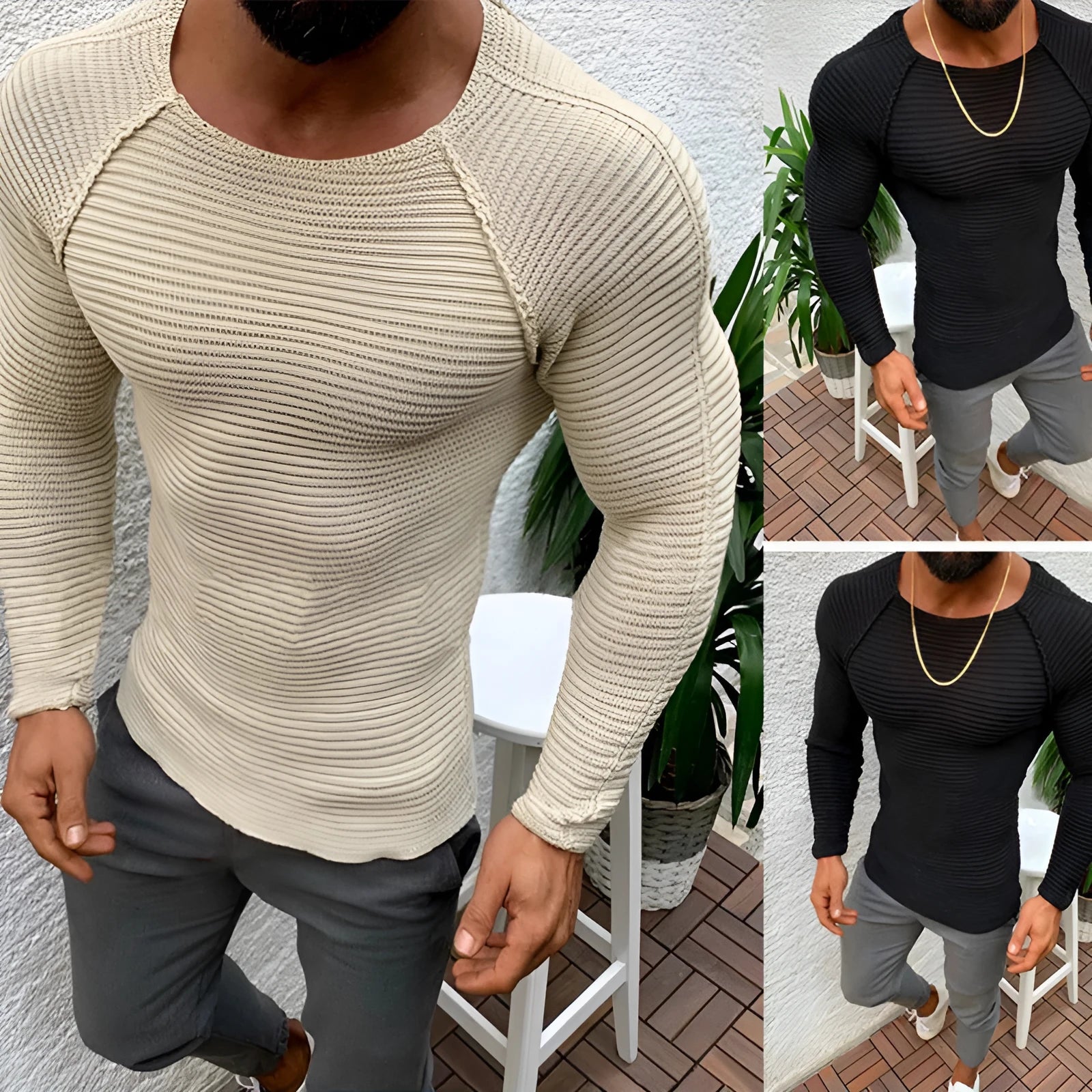 Men's slim-fit acrylic knit pullover sweater in black, round neck, long sleeves, ribbed hem