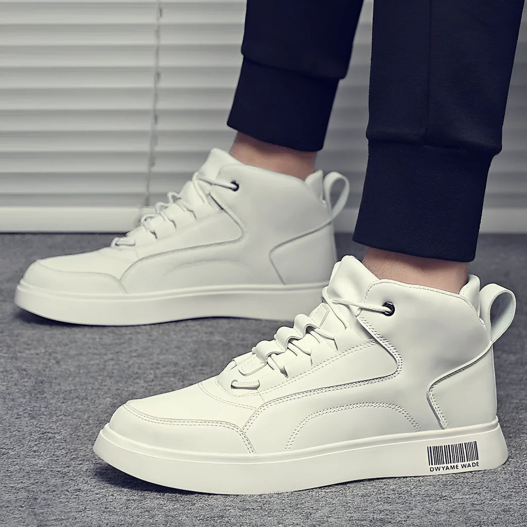 Men's white mid-top casual shoes with flat rubber sole and front lace-up design.
