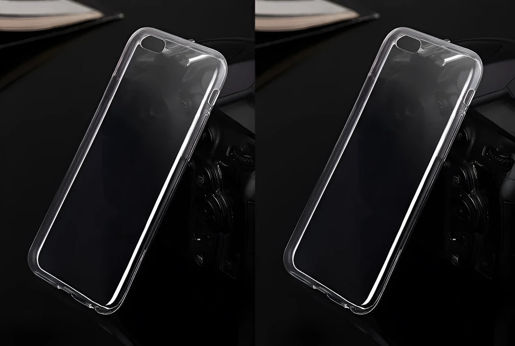 Transparent flexible TPU soft shell case on an iPhone, showing slim profile and full phone visibility.