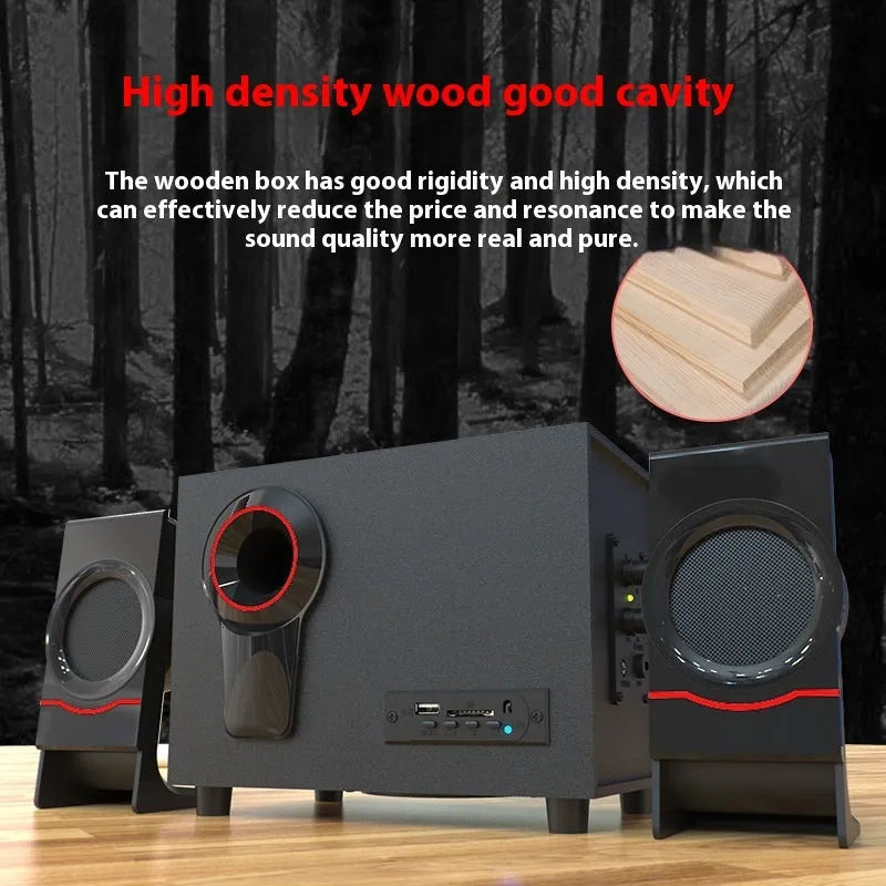 Wooden 21 multimedia speaker with knob controls, USB power, and bass boost