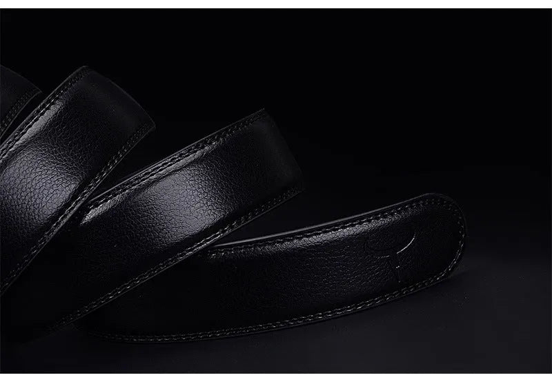 Automatic buckle two-layer cowhide belt for men, rectangular alloy buckle, black colour, standard width