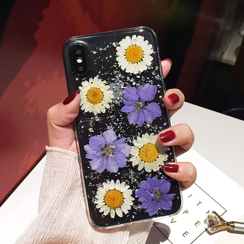 Handmade clear TPU iPhone case with real dried flowers preserved in epoxy resin