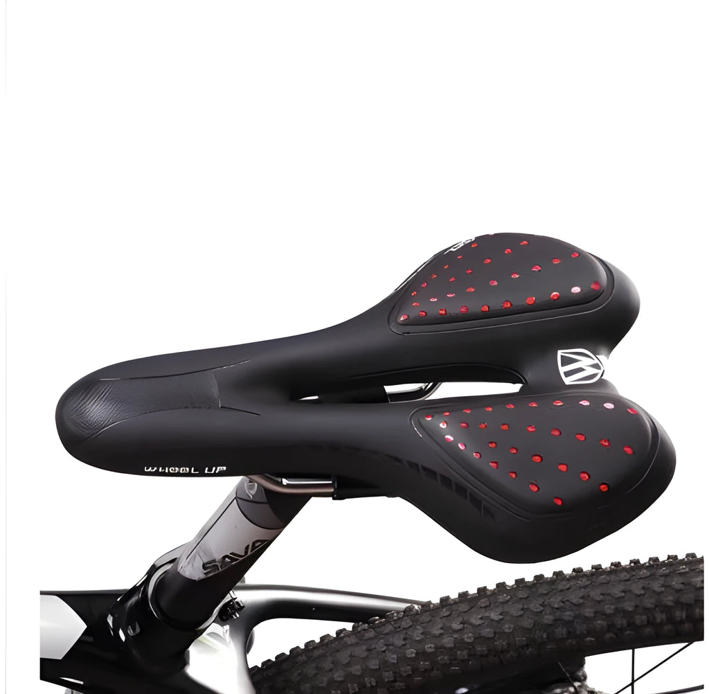 Black bike seat cushion with reflective spots, silicone padding, and PU leather cover, 14x28cm