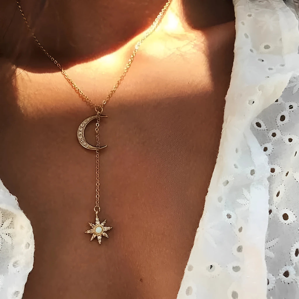 Retro moon sun pendant necklace, gold plated alloy, snake bone chain, women's jewellery