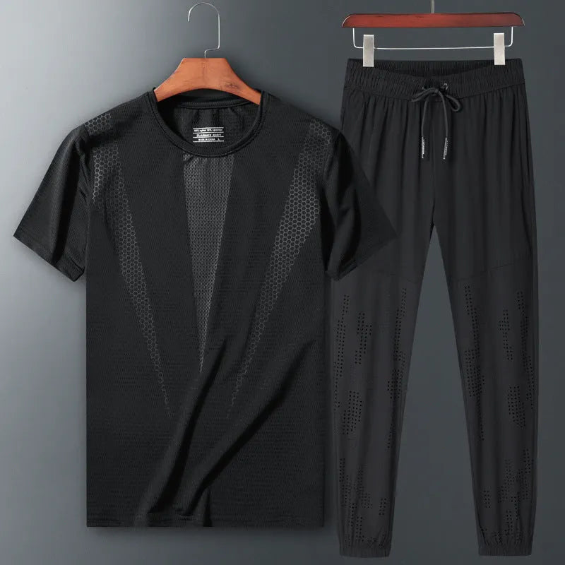 Two-piece nylon sportswear set with short-sleeved round-neck T-shirt and trousers in black blue and white
