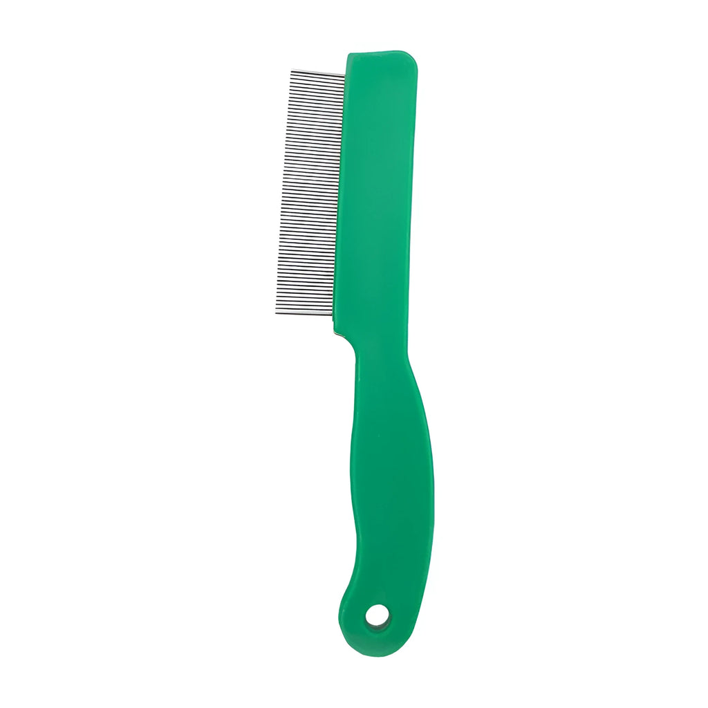 Green pet flea comb with stainless steel pins and plastic handle for dogs and cats
