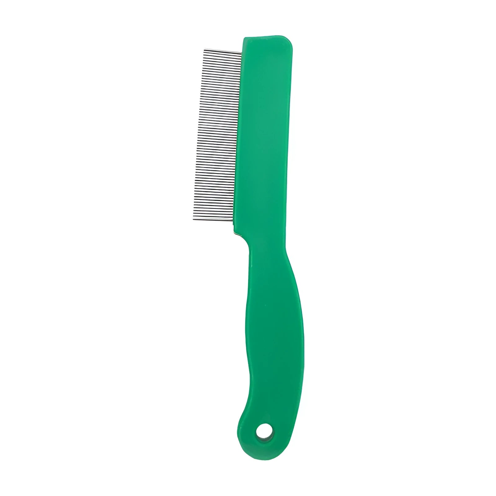 Green pet flea comb with stainless steel pins and plastic handle for dogs and cats