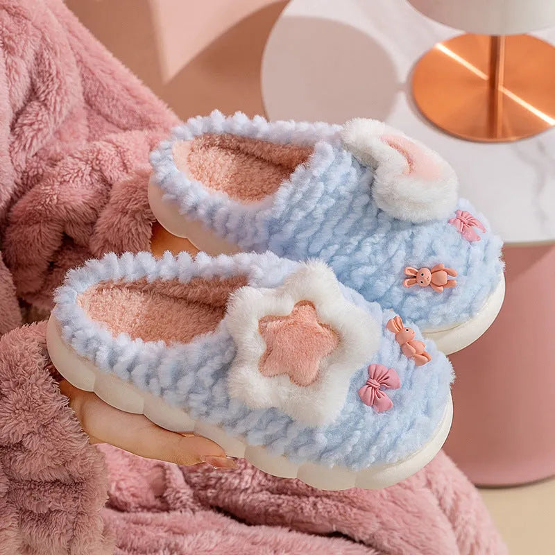 Women's light blue cartoon fleece-lined slippers with animal print and PVC sole