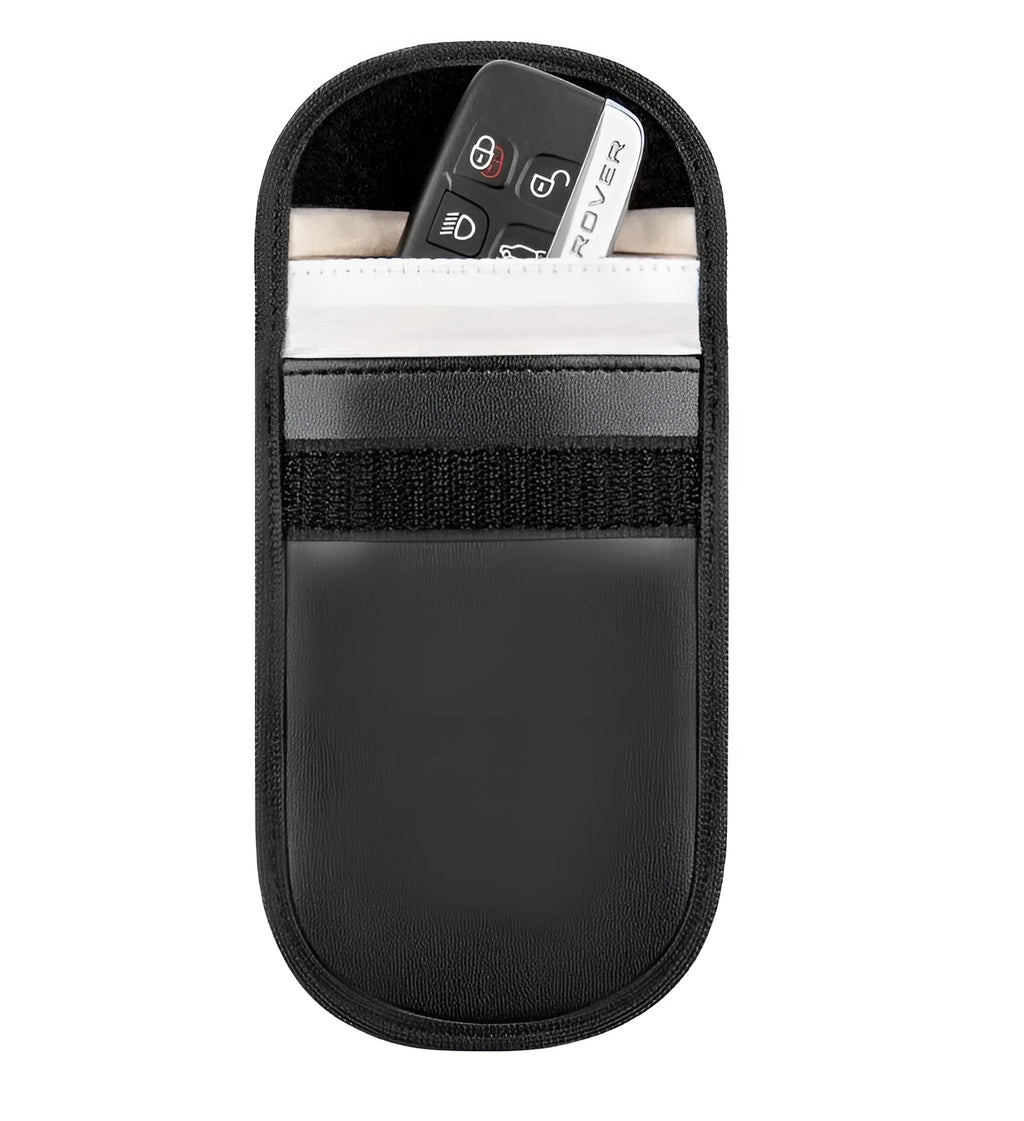 Black microfiber RFID signal blocker bag shown closed, measuring 13.5 by 9.5 centimetres.