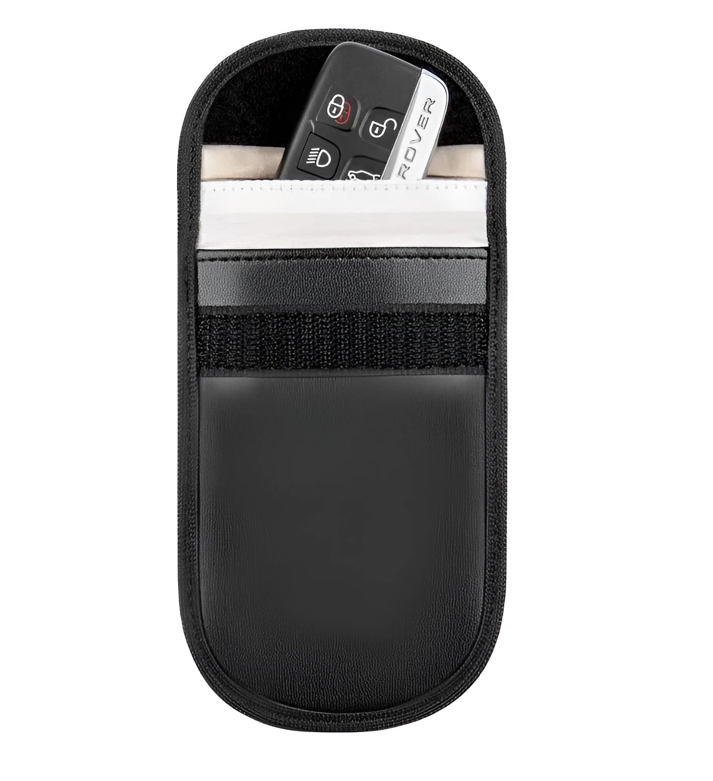 Black microfiber RFID signal blocker bag shown closed, measuring 13.5 by 9.5 centimetres.