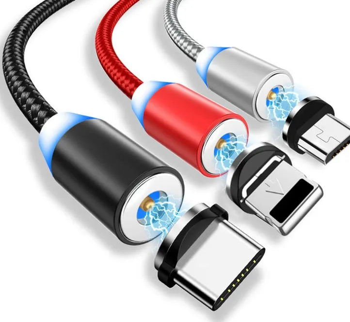 YBD black and red magnetic charging cable with cotton braid and LED light on a table